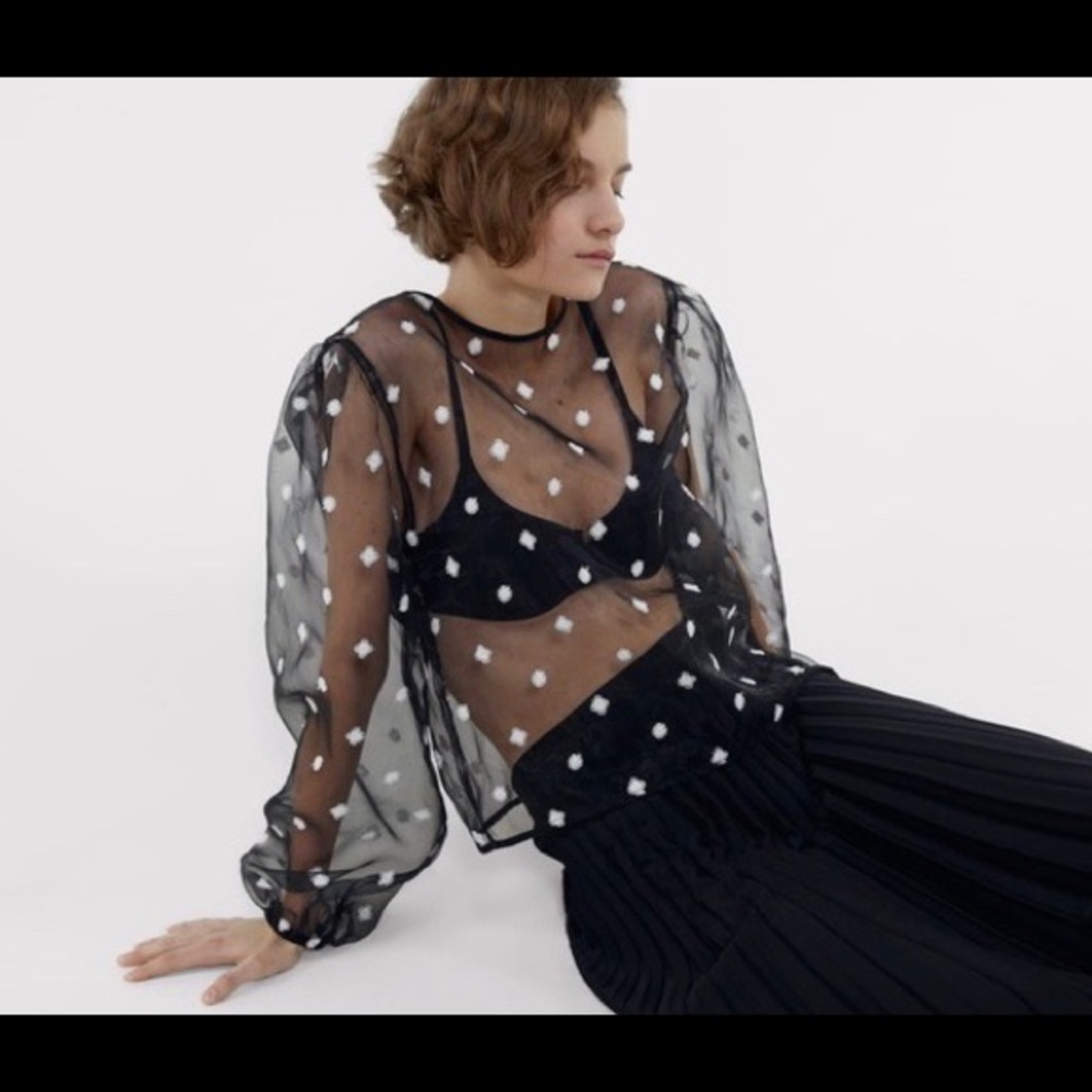 Zara Black Organza Top with White Polka Dots
